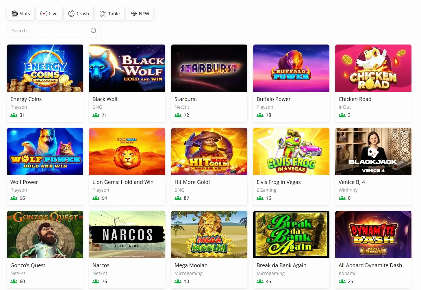 Overzicht van de spelbibliotheek bij Bull Casino met slots en live games