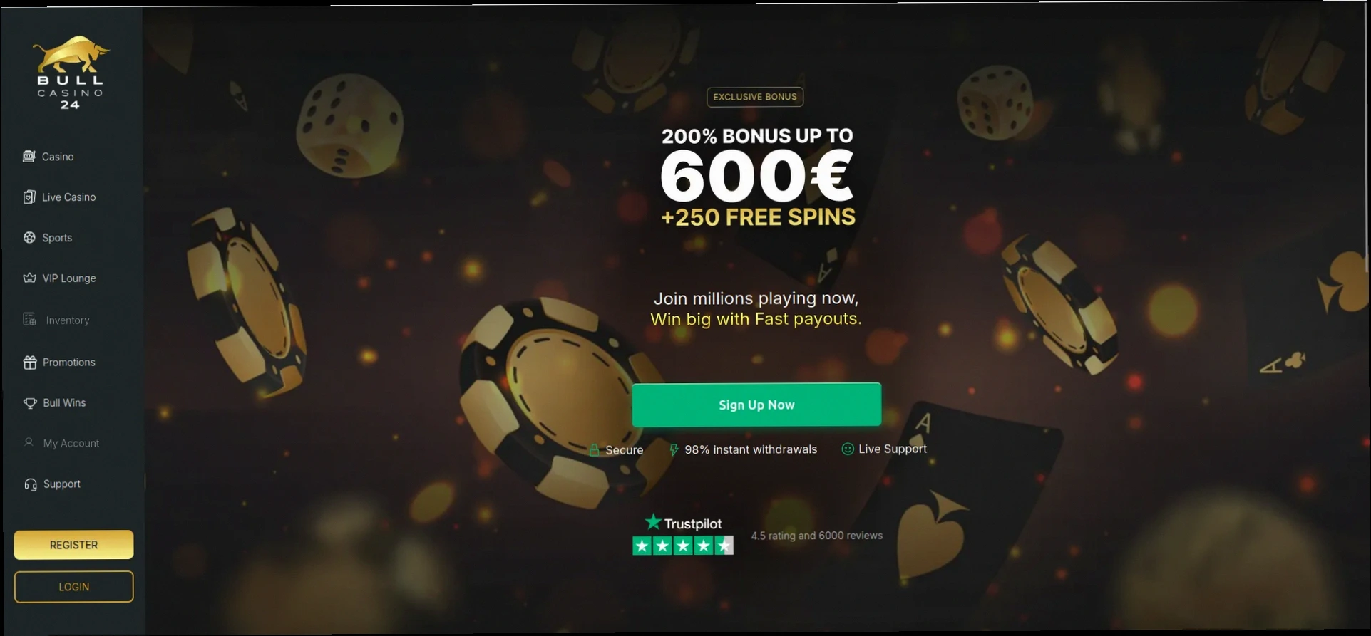 Bull Casino 100% tot €500 + 100 Gratis Spins